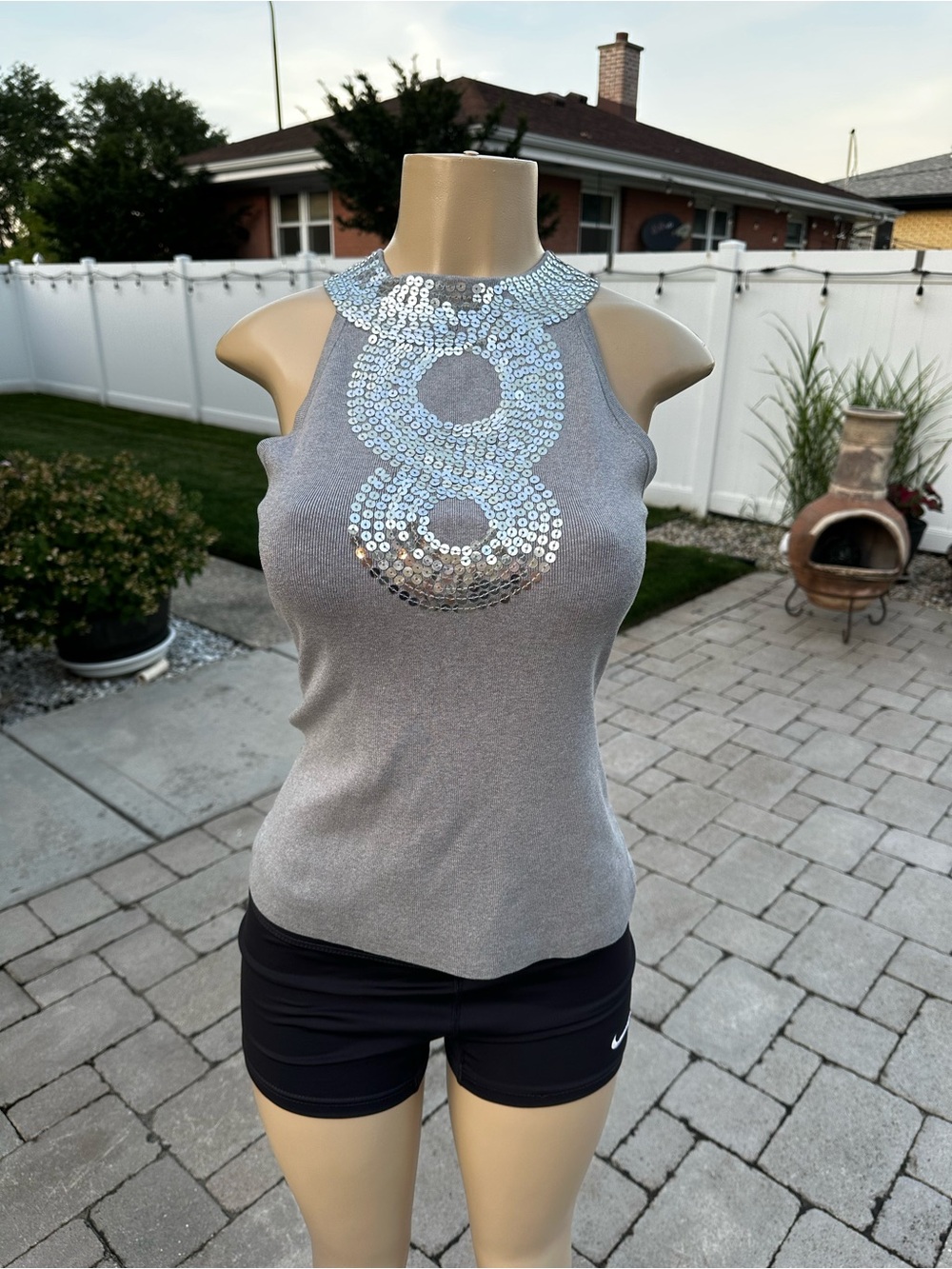 INC International Concepts Gray Sequin Mock Neck Sleeveless Blouse S 77% Silk